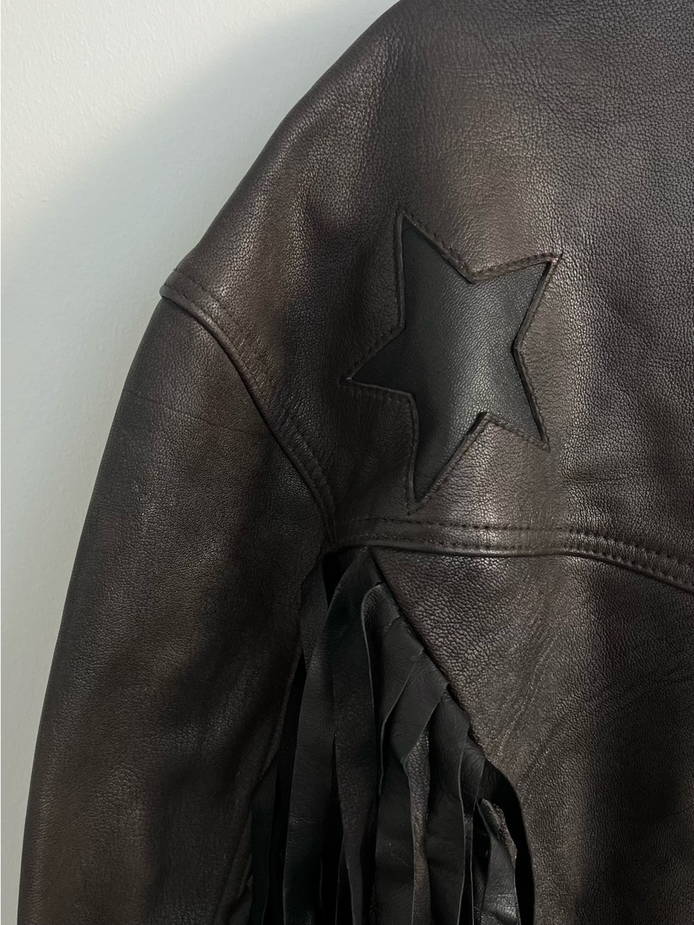 Nasty Gal Brown Leather Fringe Moto Jacket with Black Star - Picture 9 of 13
